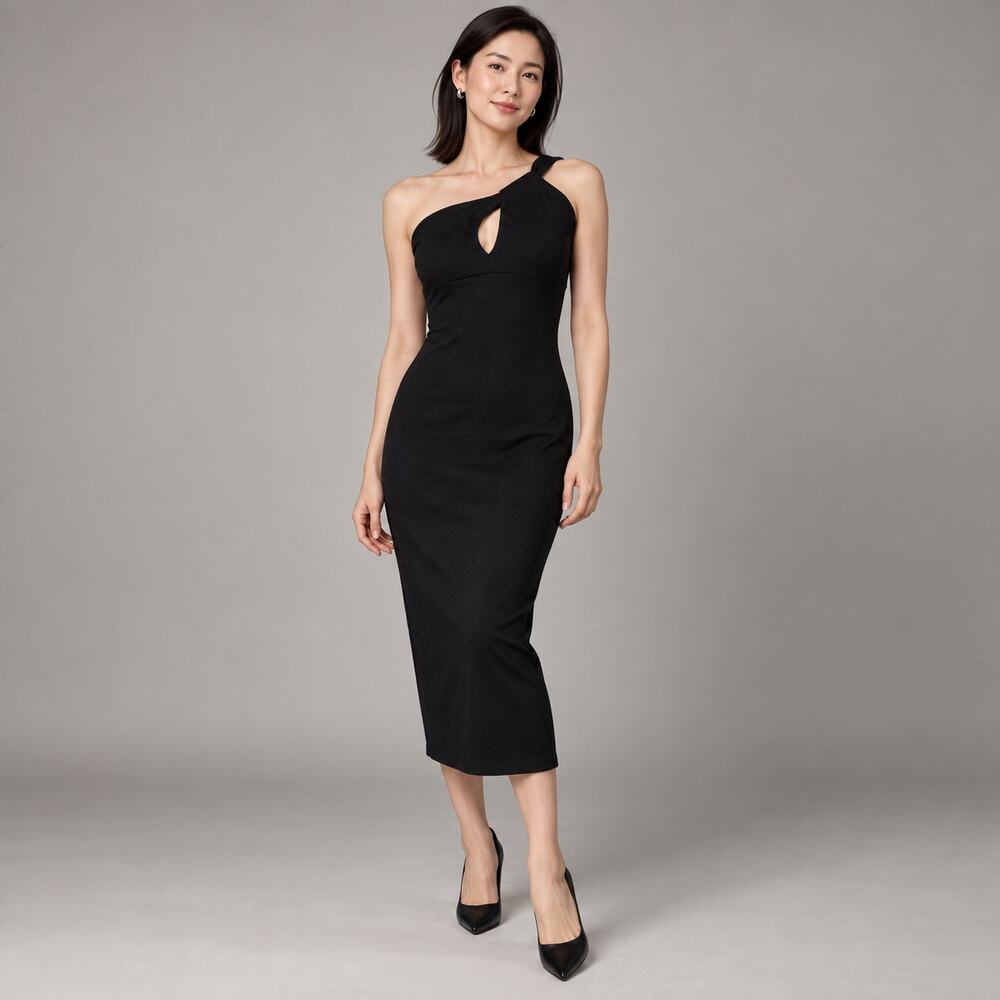 Lush Midi Dress WMNS S Black One Shoulder Keyhole Bodycon Y2K Modern Minimalist